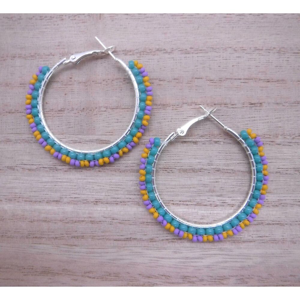 Earrings Beaded Silver Hoops Teal, Purple and Yellow
